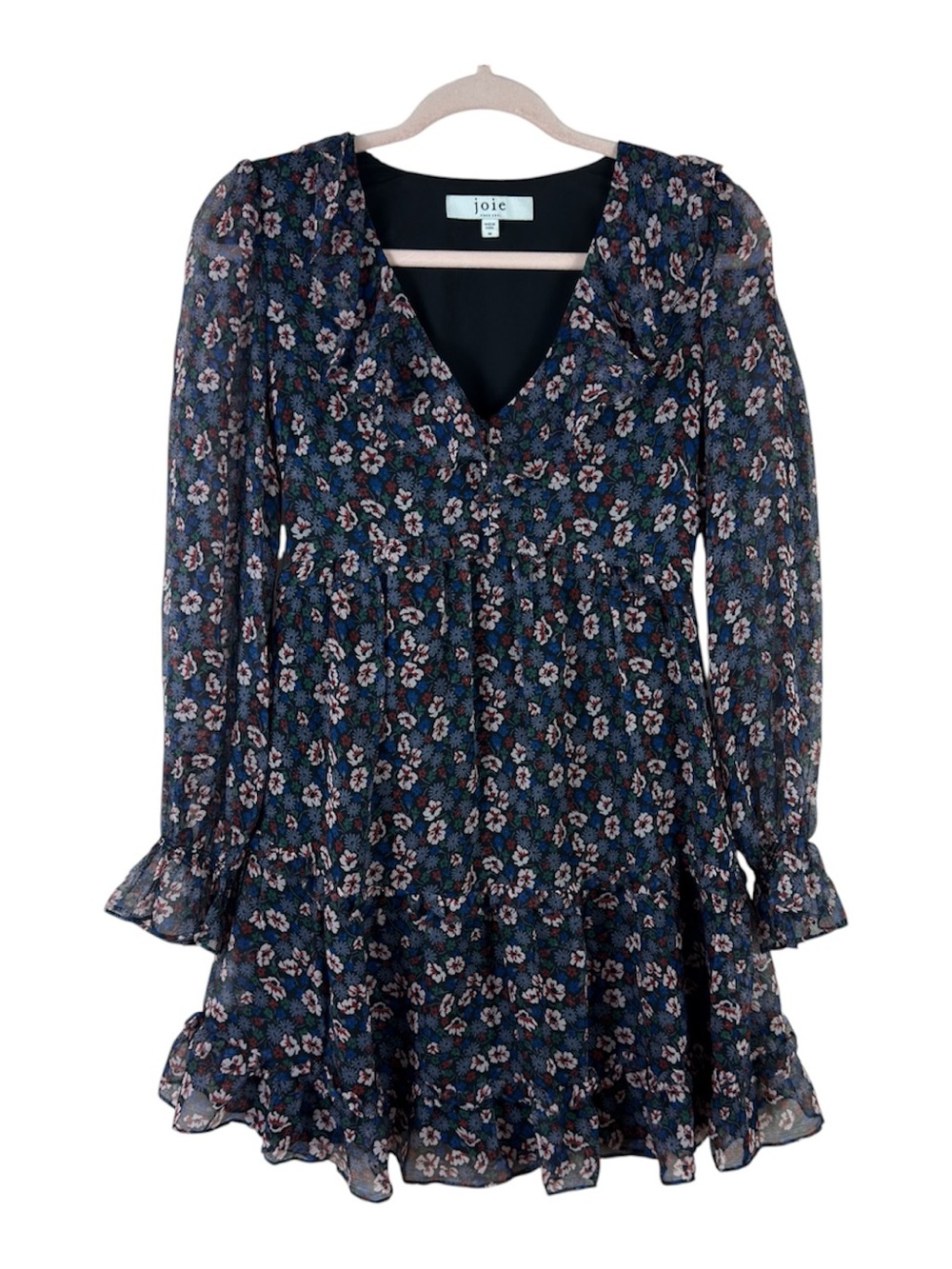 Joie womens size 00 silk blue floral ruffle long sleeve v neck dress